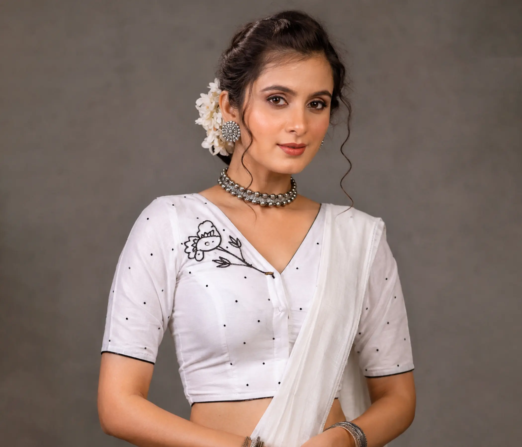 Pristine White Blouse Back Design with Hand-Embellished Art